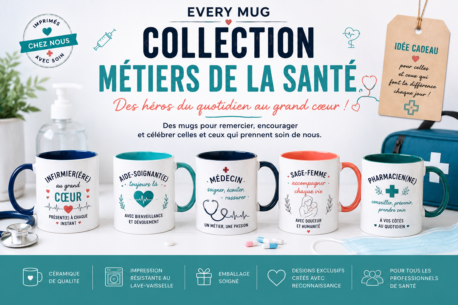 Collection mugs métiers de la santé EveryMug — infirmière, médecin, sage-femme et pharmacien en céramique