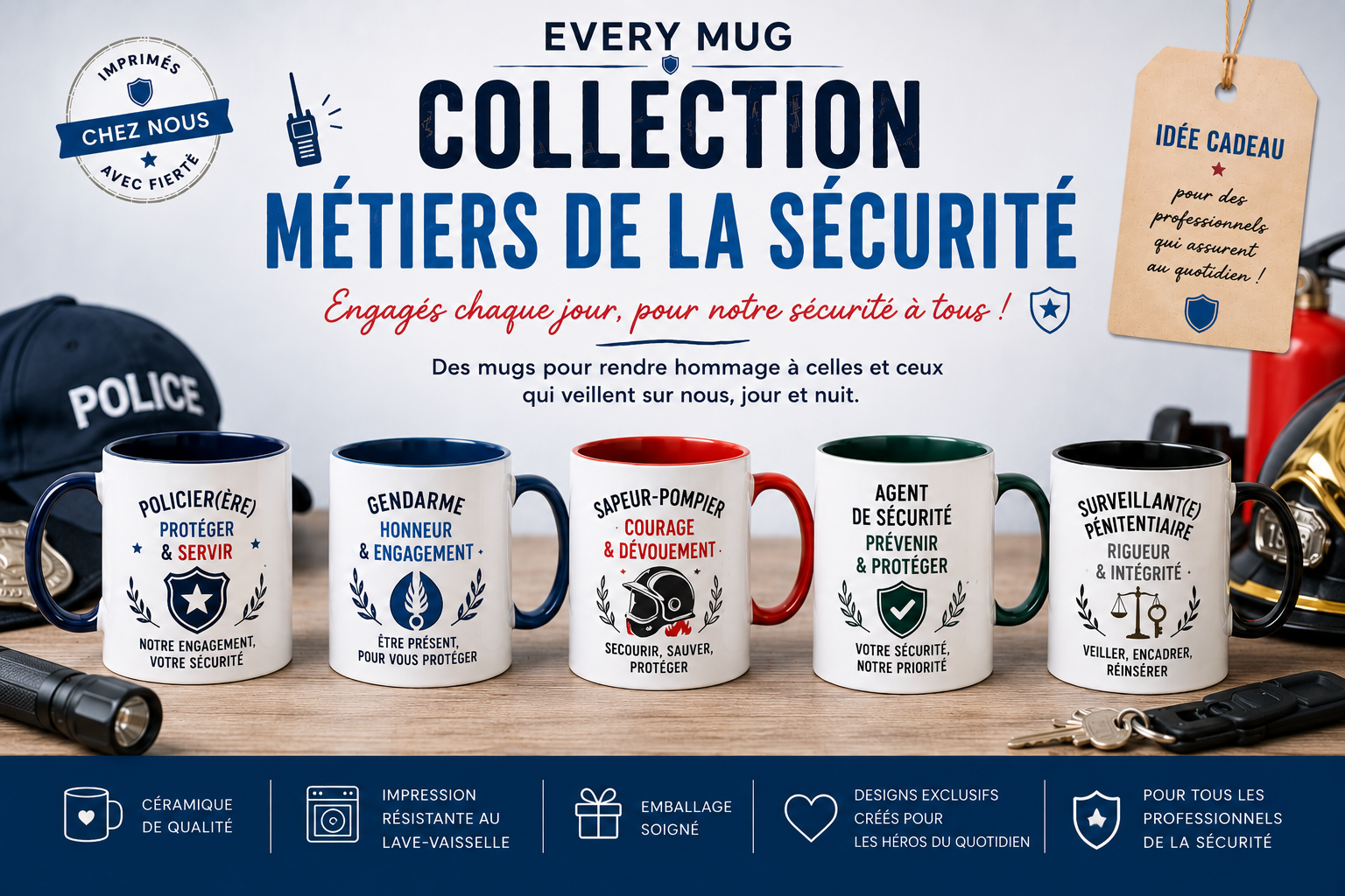Collection mugs métiers de la sécurité EveryMug — pompier, gendarme, policier et militaire en céramique