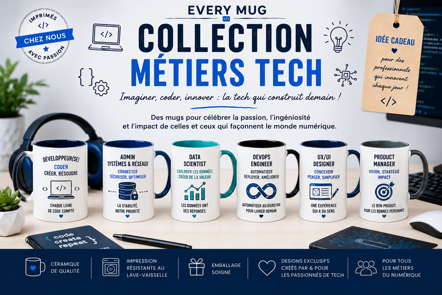 Collection mugs métiers tech EveryMug — développeur, ingénieur et data scientist en céramique