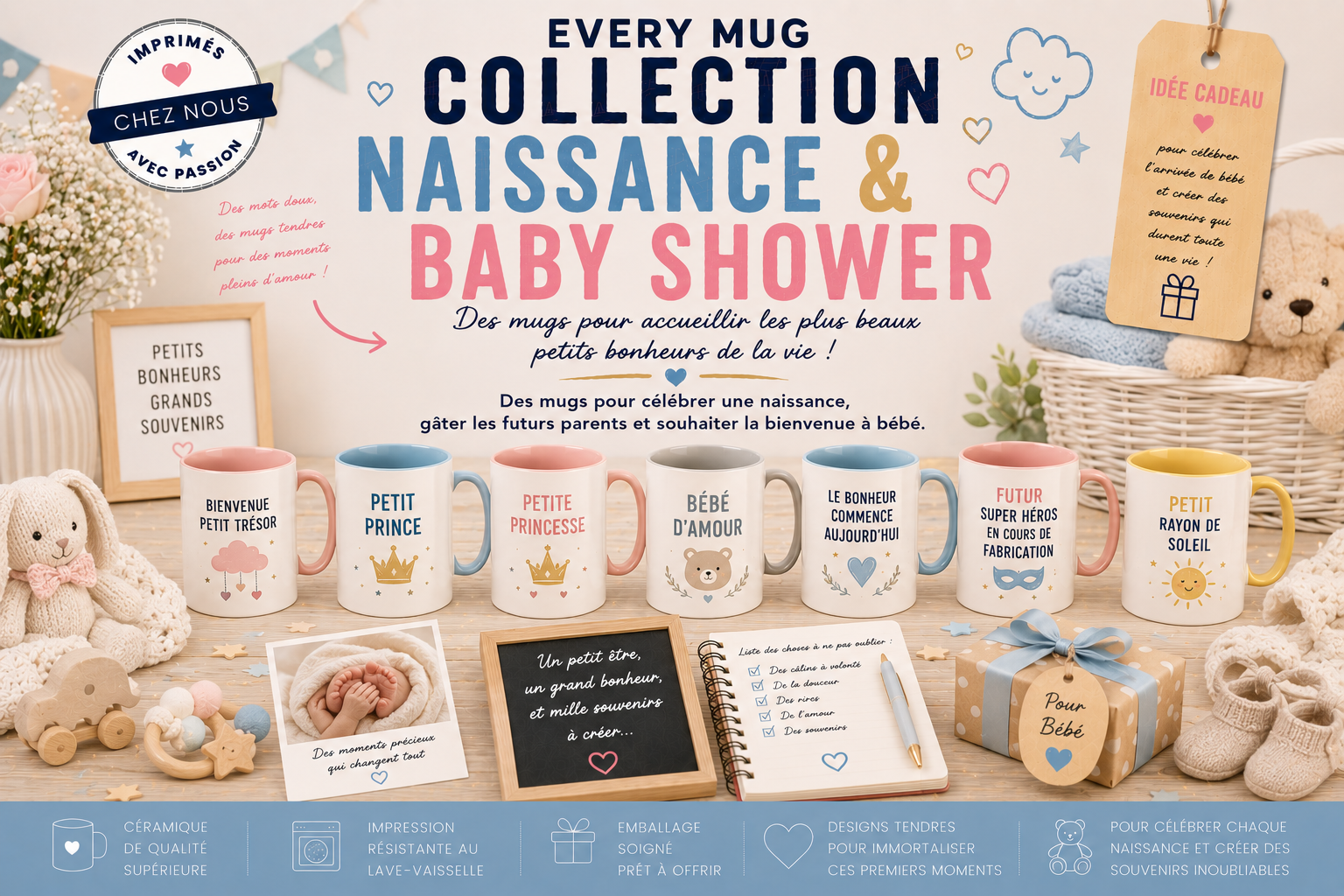 Collection mugs naissance et baby shower EveryMug — future maman, future papa et baby shower en céramique