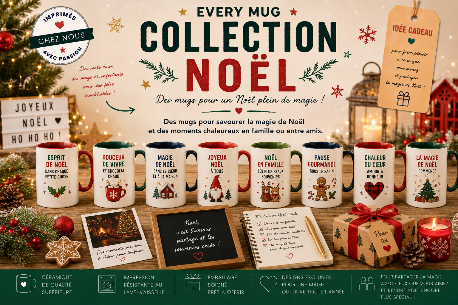 Collection mugs Noël EveryMug — Père Noël, sapin, rennes et bonhomme de neige en céramique