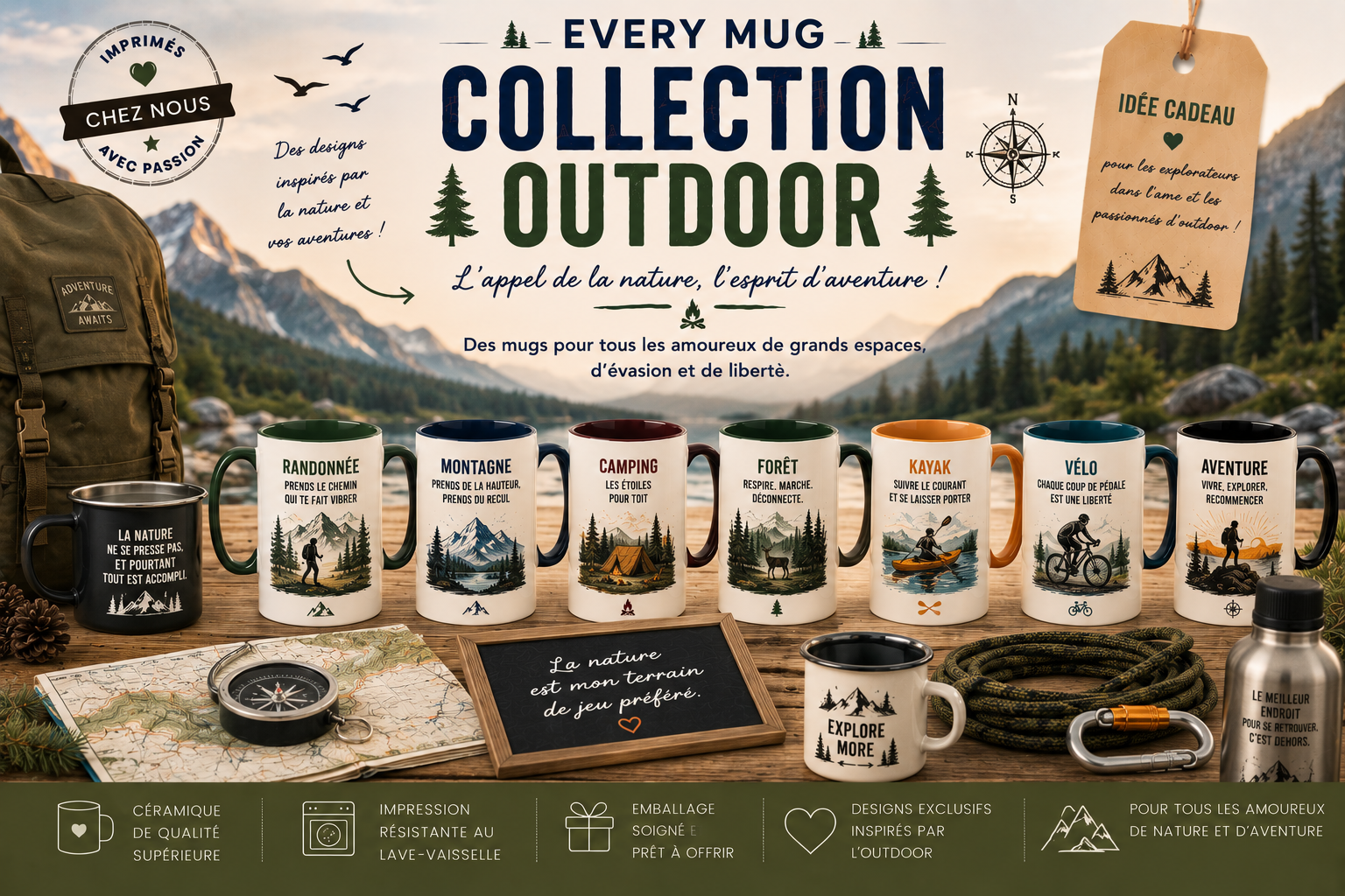 Collection mugs outdoor EveryMug — randonnée, escalade, ski et alpinisme en céramique