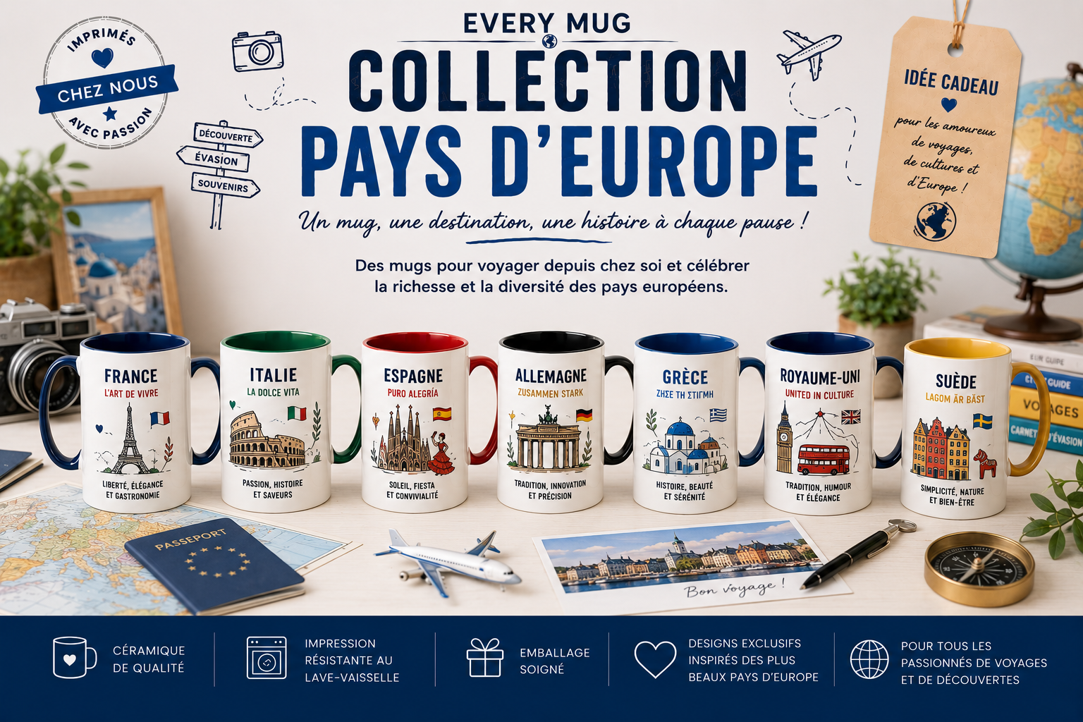 Collection mugs pays d'Europe EveryMug — France, Italie, Espagne et Grèce en céramique
