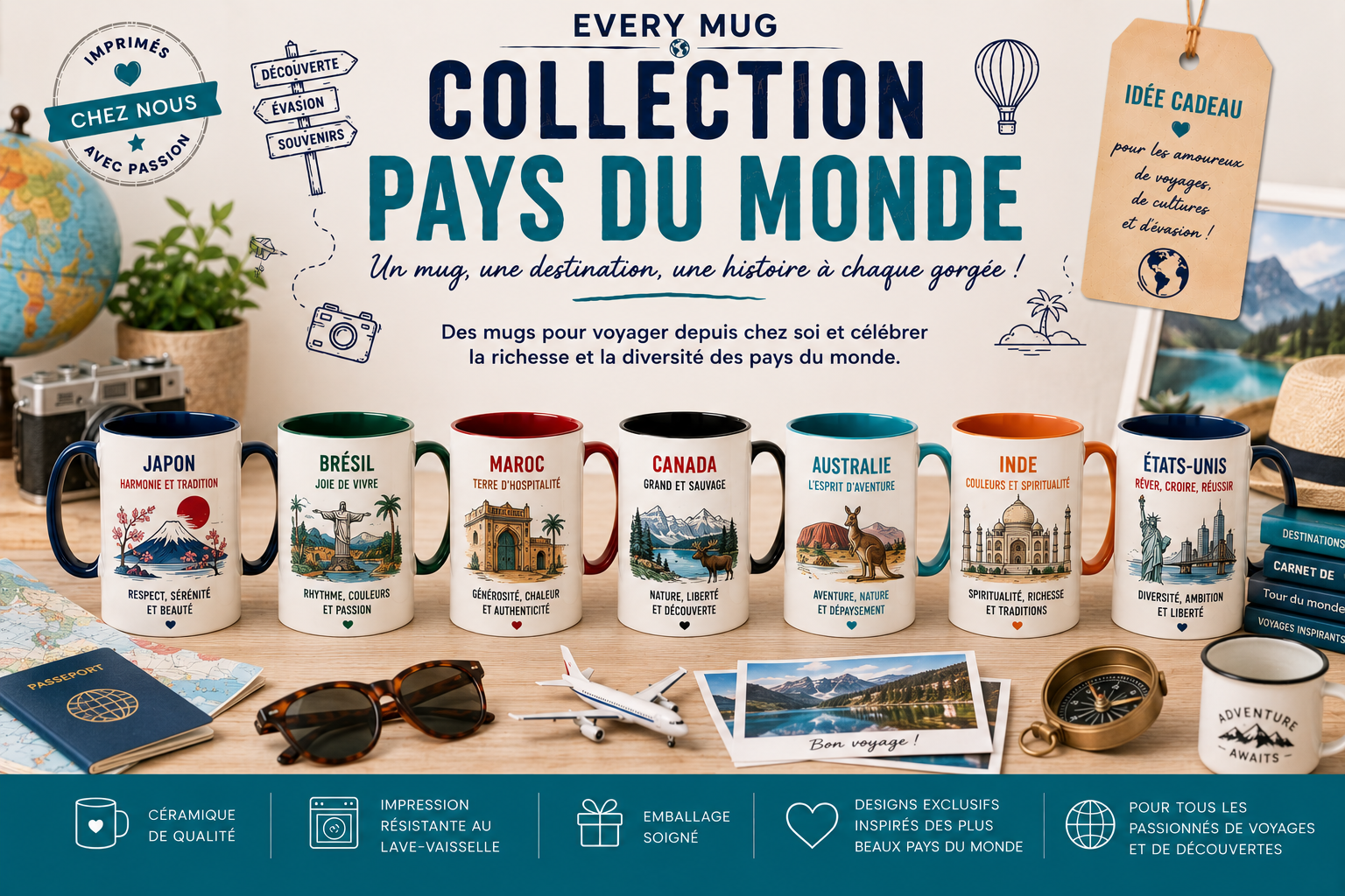 Collection mugs pays du monde EveryMug — Japon, États-Unis, Canada et Brésil en céramique