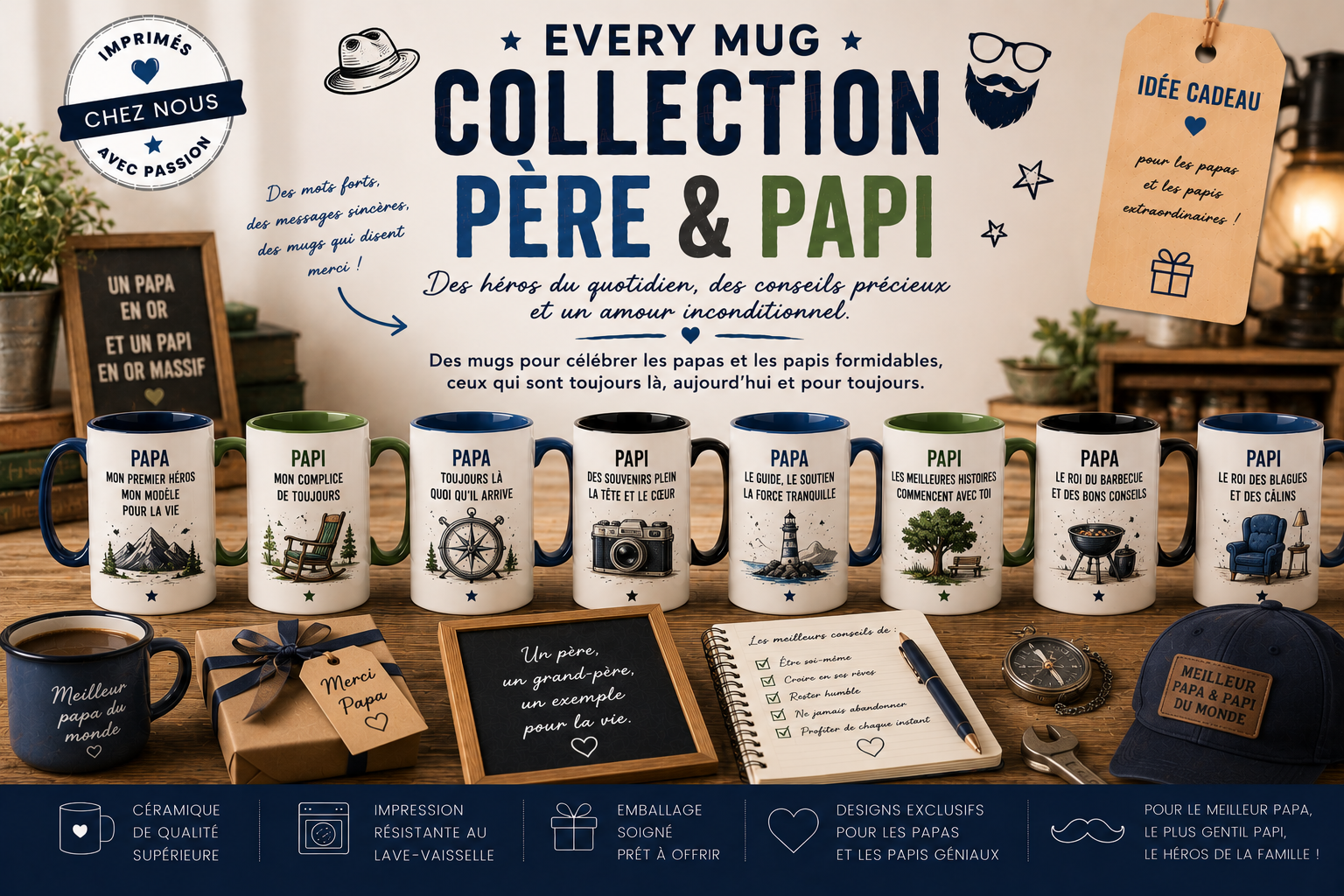 Collection mugs père et papi EveryMug — Papa, Super Papa, Papi et Grand-père en céramique