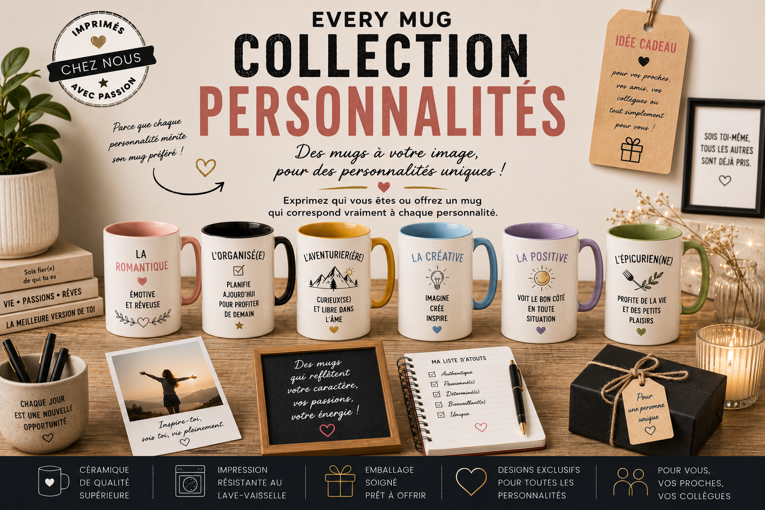 Collection mugs personnalités EveryMug — râleur, optimiste, introverti et perfectionniste en céramique