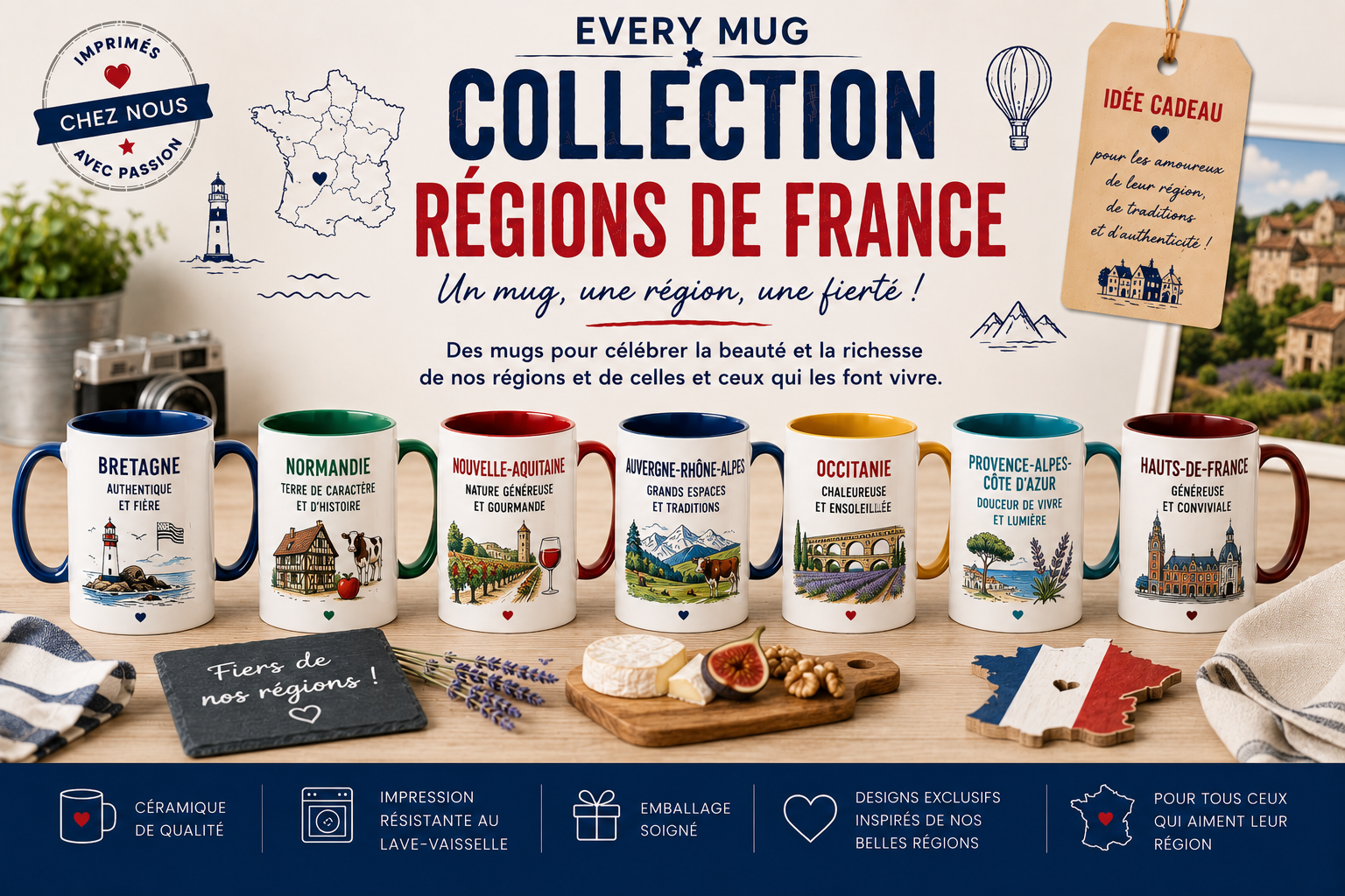 Collection mugs régions de France EveryMug — Bretagne, Provence, Corse et Pays Basque en céramique