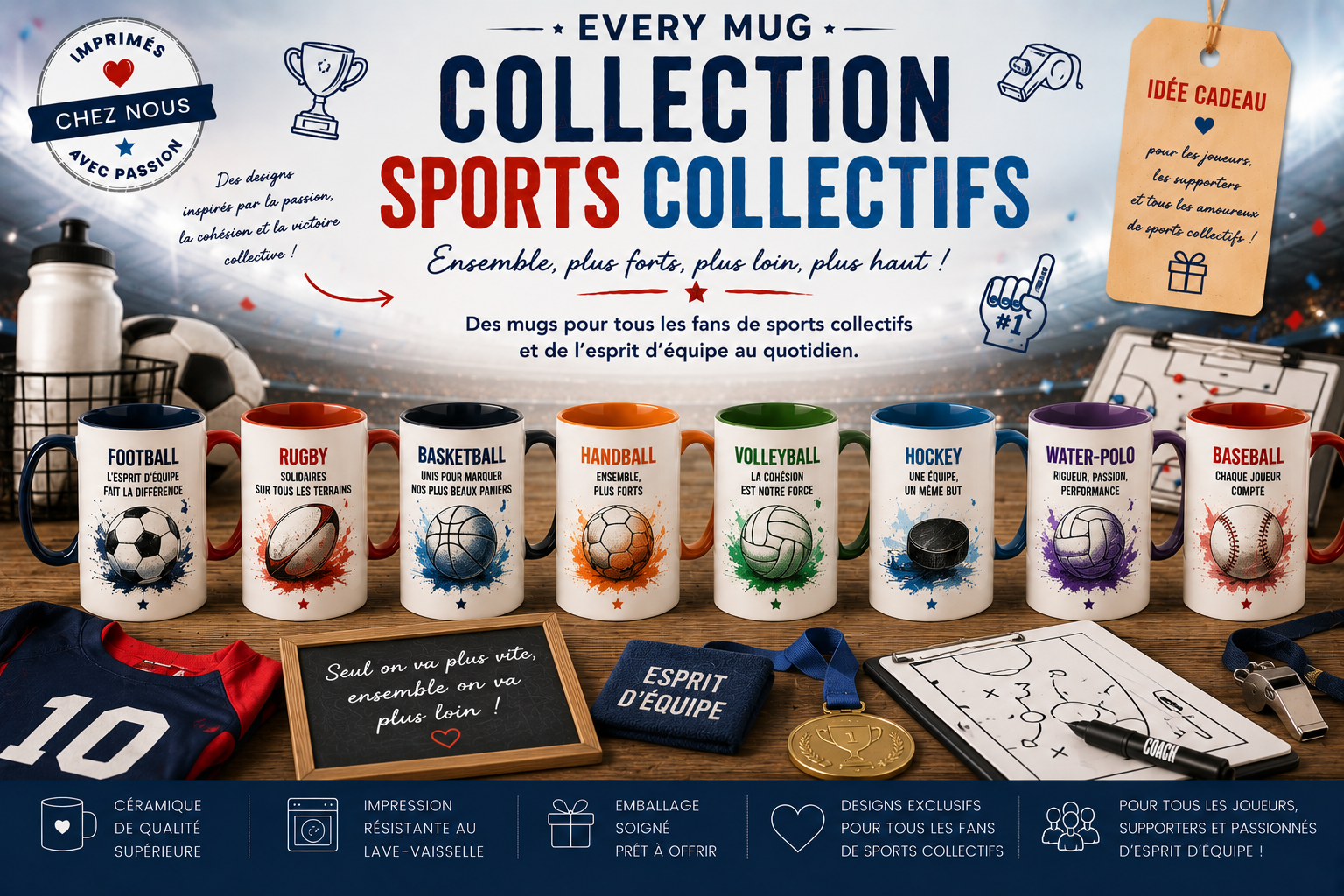 Collection mugs sports collectifs EveryMug — football, rugby, basket et handball en céramique