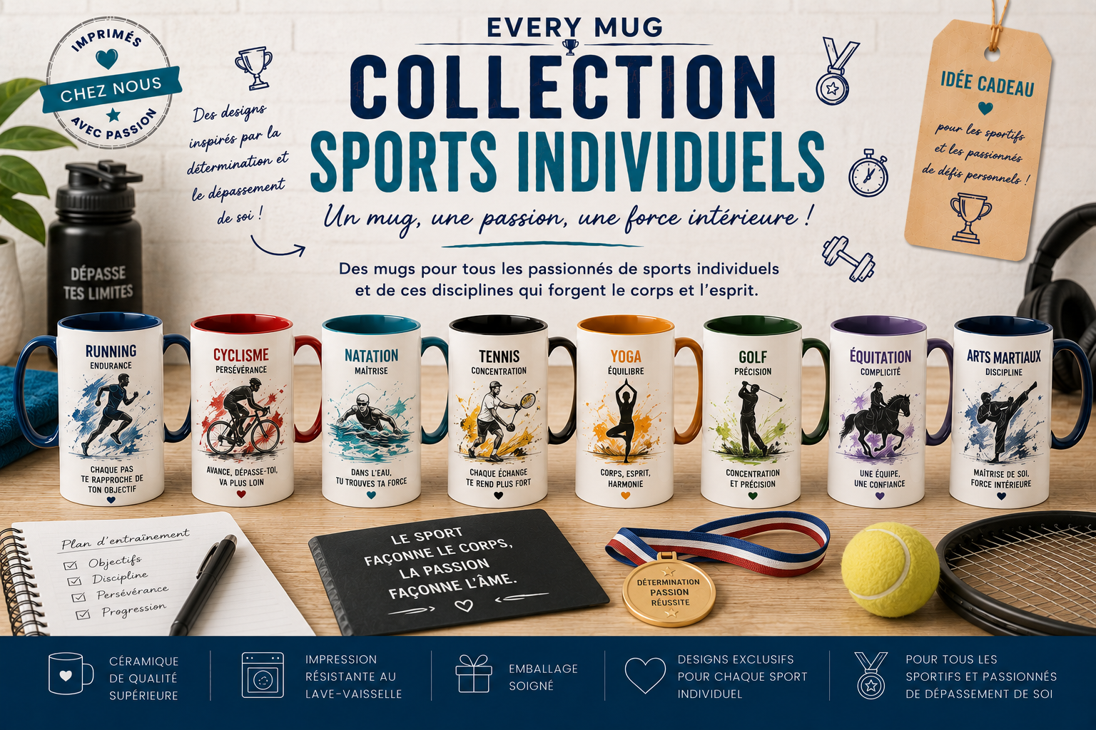 Collection mugs sports individuels EveryMug — tennis, golf, course à pied et cyclisme en céramique