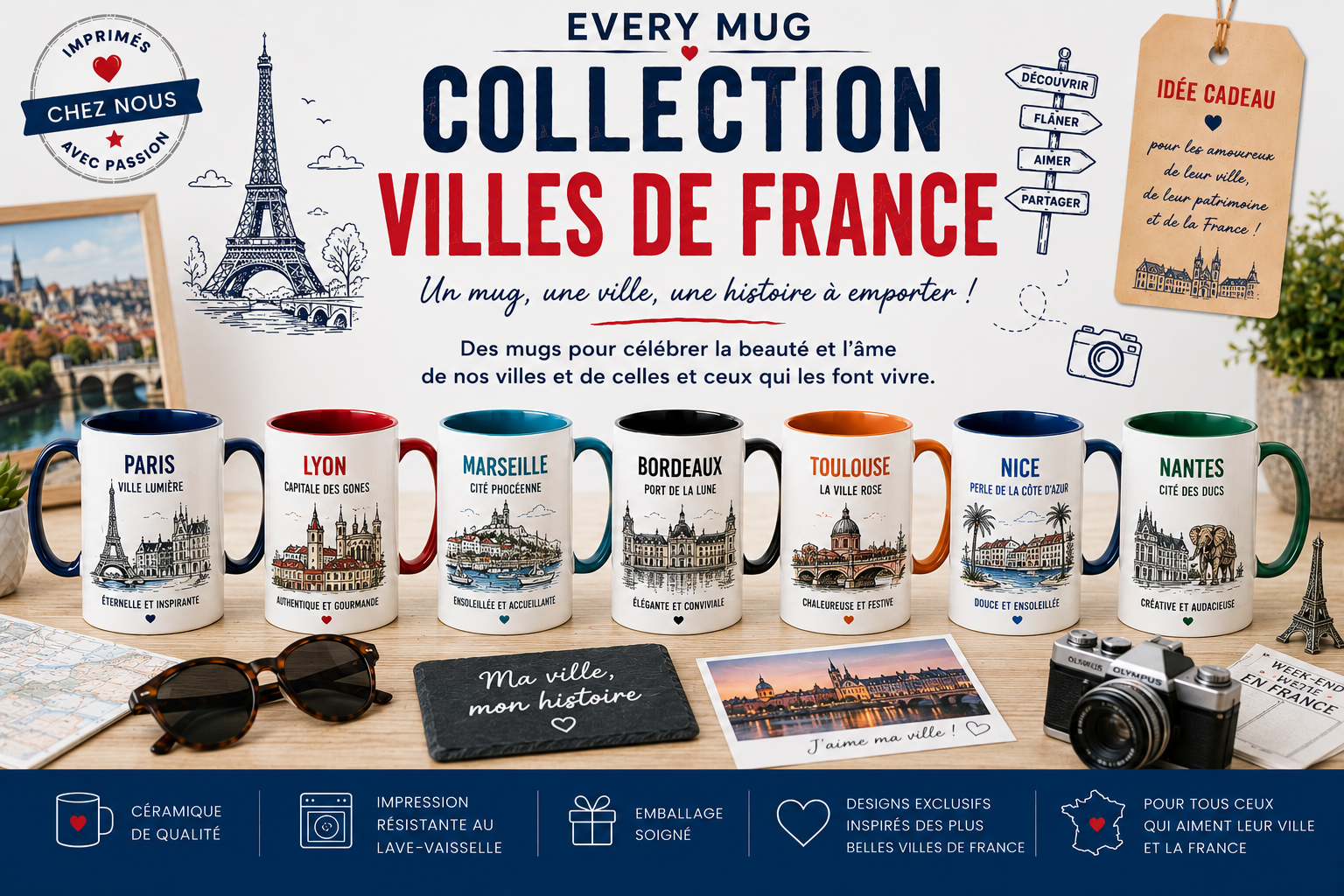 Collection mugs villes de France EveryMug — Marseille, Lyon, Bordeaux et Toulouse en céramique