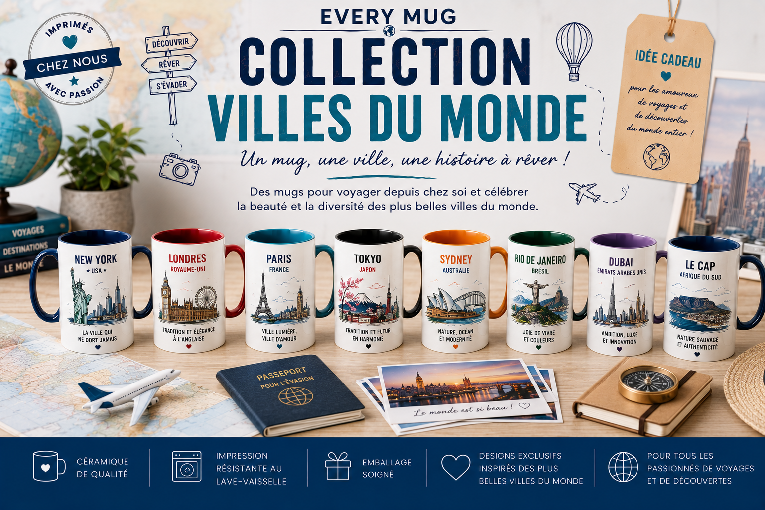 Collection mugs villes du monde EveryMug — New York, Tokyo, Londres et Rome en céramique