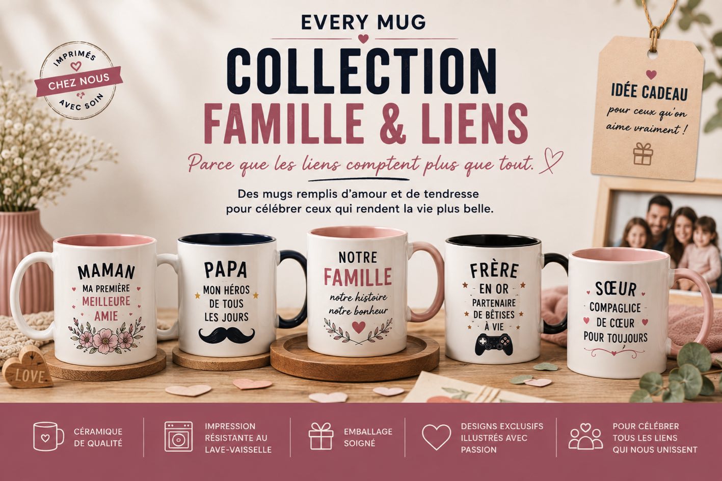Collection de mugs Famille et Liens Every Mug avec mugs en céramique pour maman, papa, frère, sœur et famille, idée cadeau pleine d’amour et de tendresse.