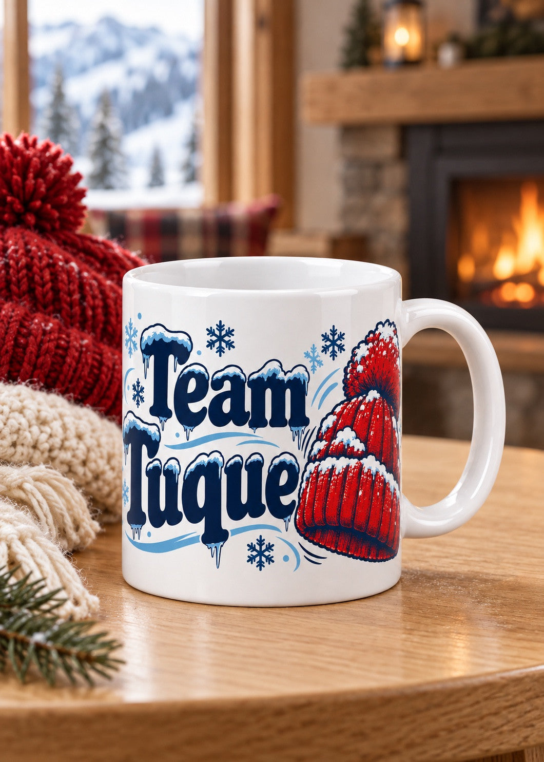 Mug « Team Tuque » en situation, mise en scène hivernale
