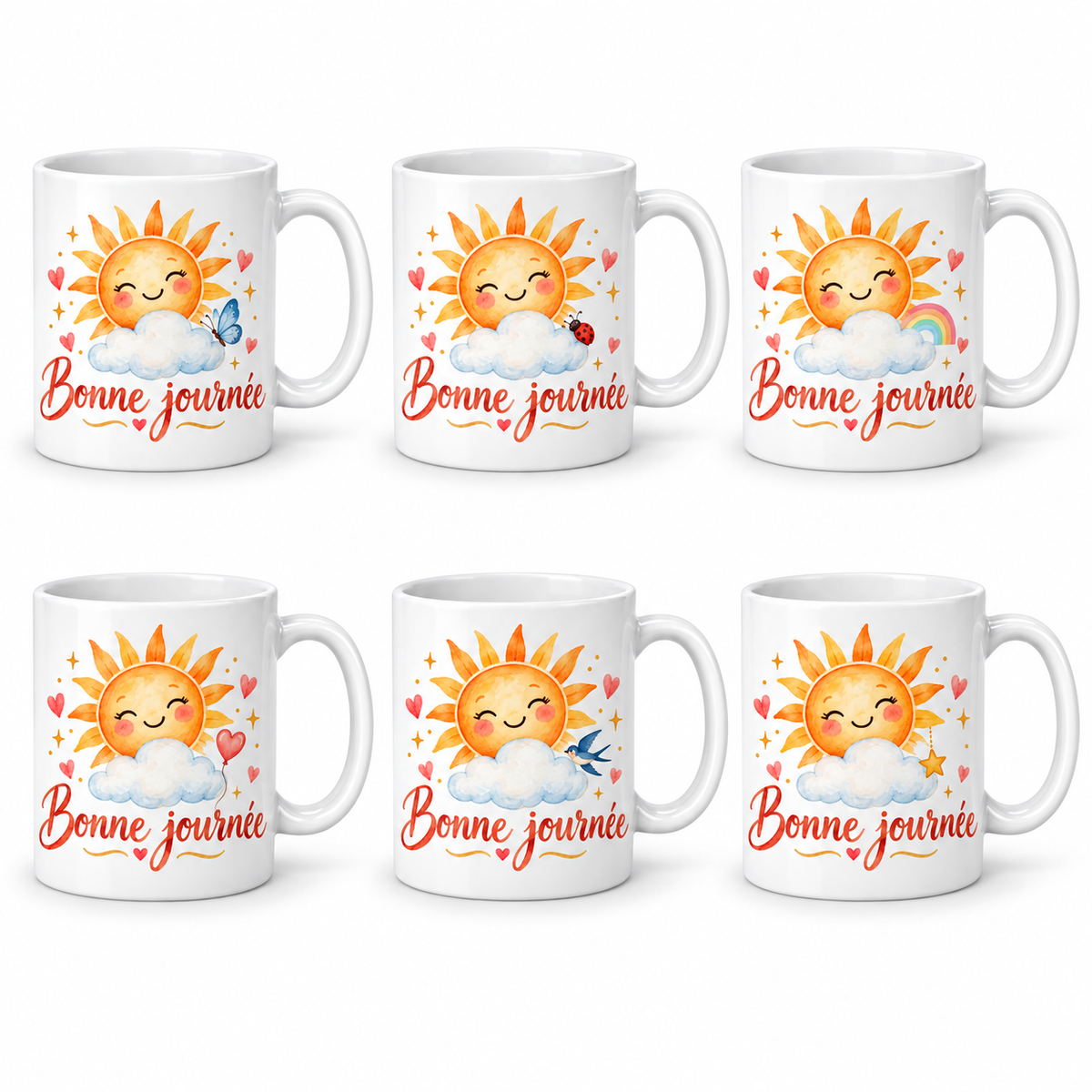 Lot de 6 mugs Bonne Journée aquarelle, soleil souriant sur un nuage