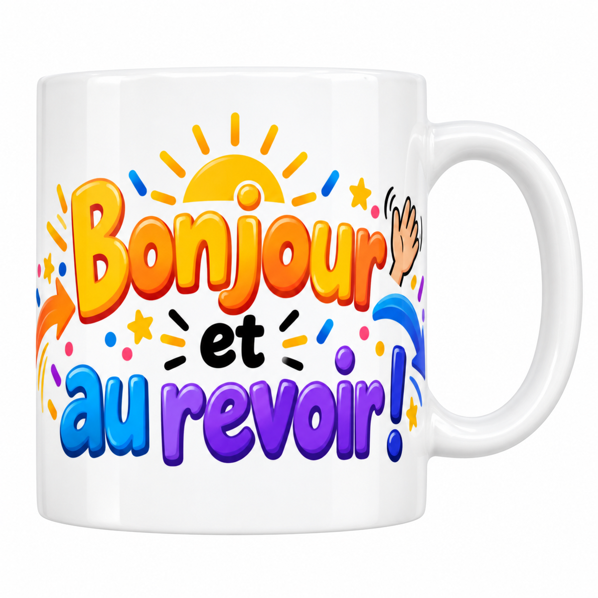 Mug blanc Bonjour et au revoir en lettrage orange et bleu avec flèches, soleil et main qui salue