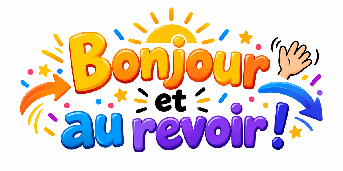 Visuel typographique coloré Bonjour et au revoir avec flèches, soleil jaune et main qui salue