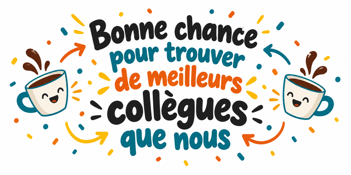 Visuel illustré deux tasses de café souriantes, confettis colorés et texte Bonne chance pour trouver de meilleurs collègues que nous