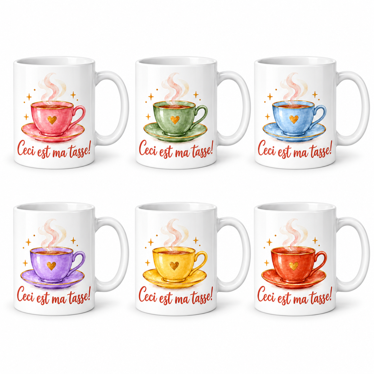 Lot de 6 mugs Ceci Est Ma Tasse, six couleurs aquarelle