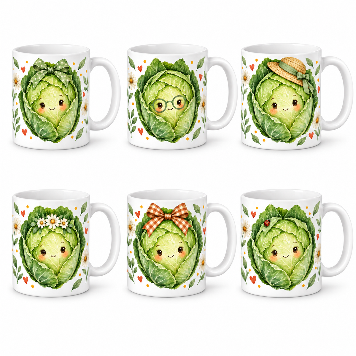 Lot de 6 mugs Choux aquarelle, chou souriant et marguerites