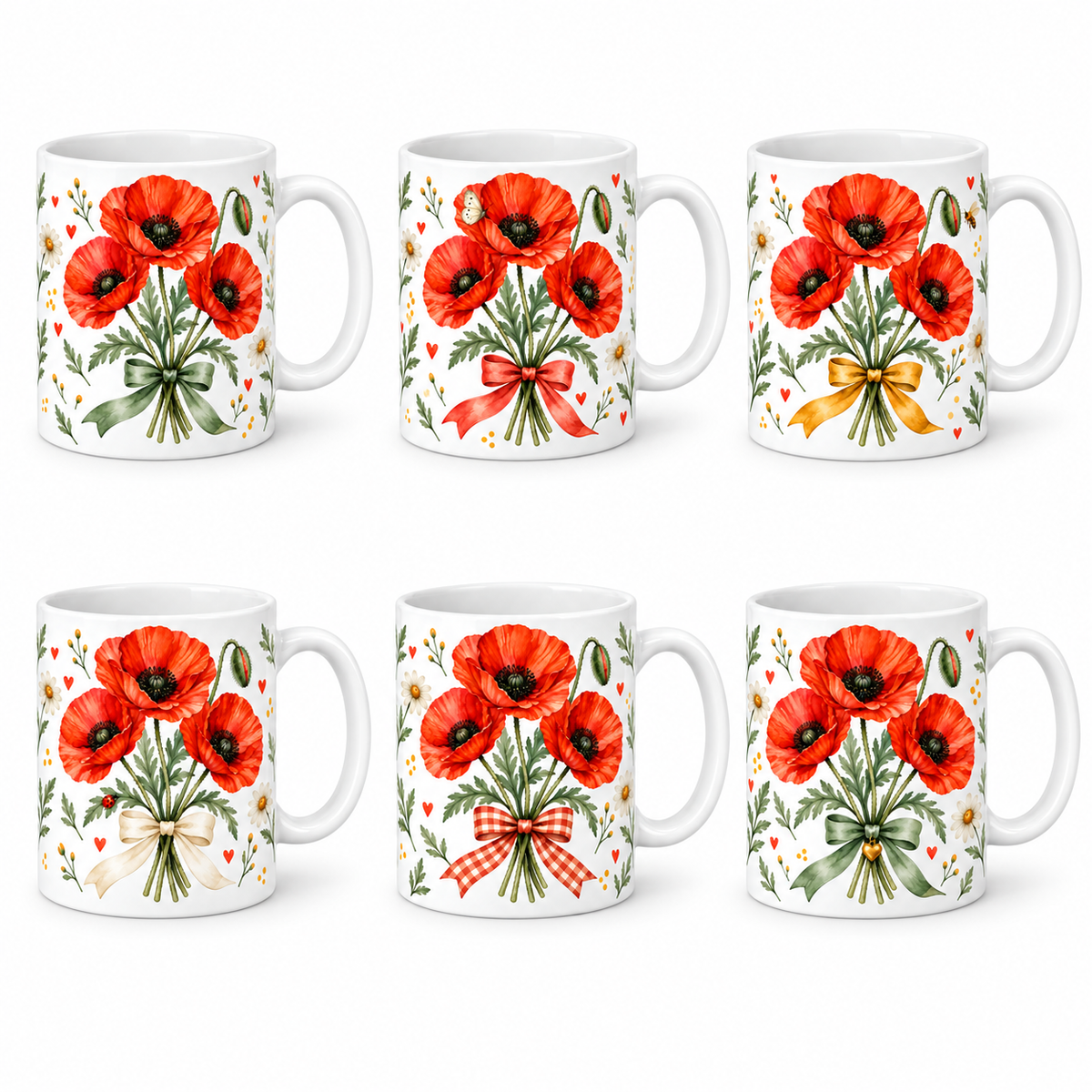 Lot de 6 mugs Coquelicot aquarelle, bouquet et six rubans