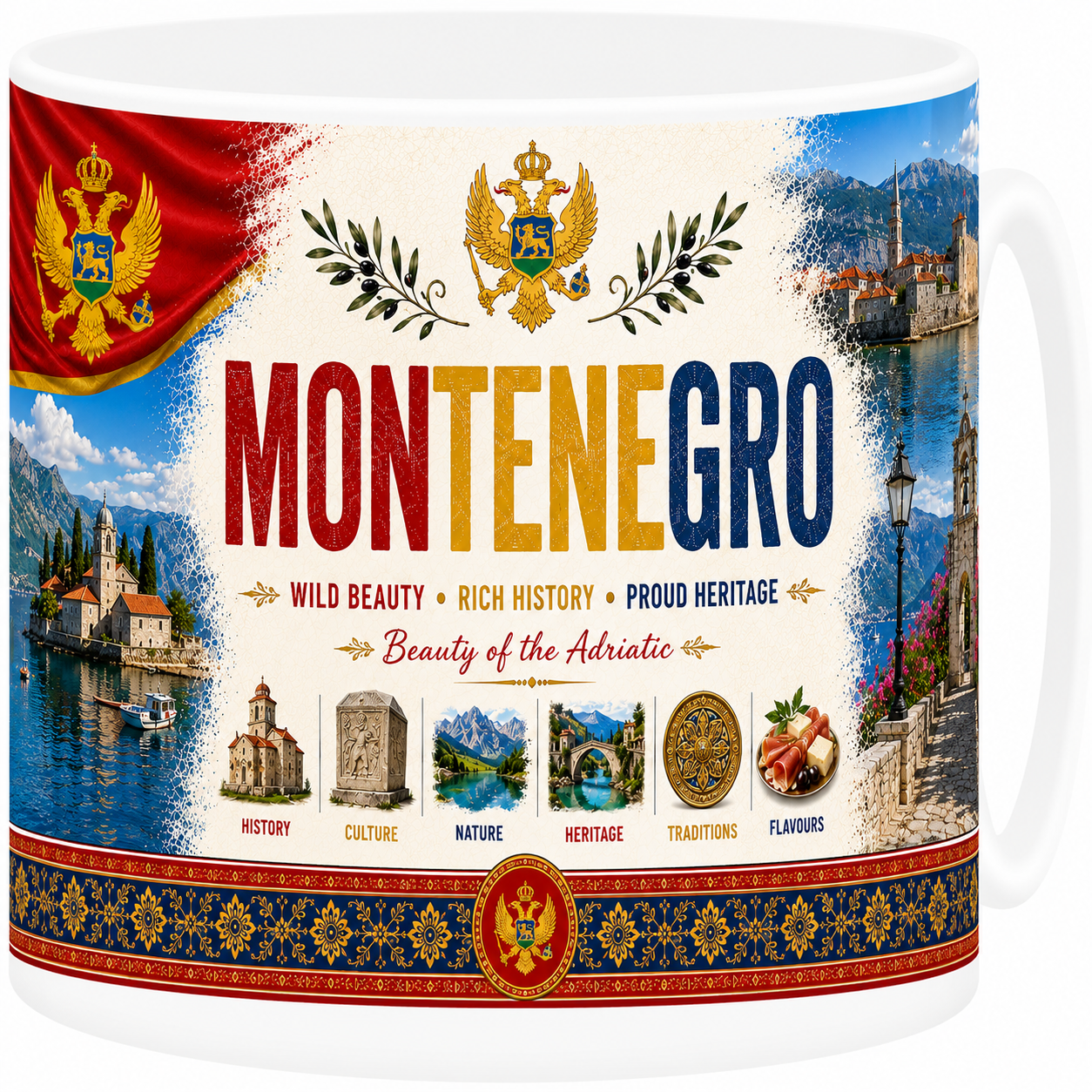 Mug souvenir Monténégro en céramique blanche illustrant les bouches de Kotor sur l'Adriatique