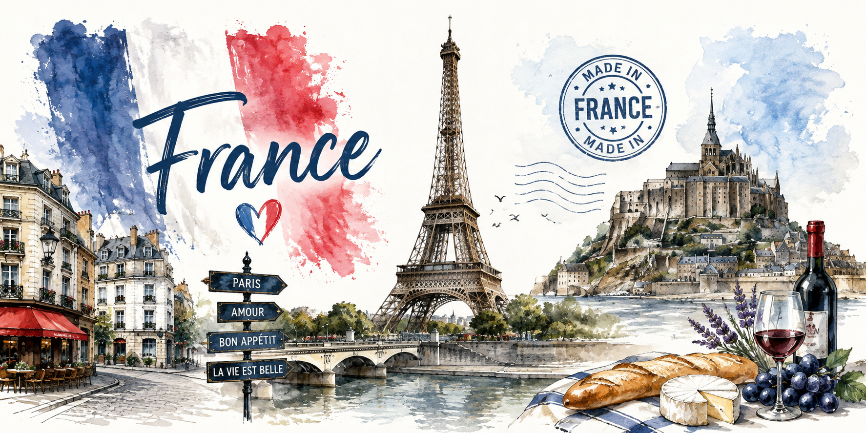 Mug France Carte Postale - Paris, Mont-Saint-Michel & Gastronomie