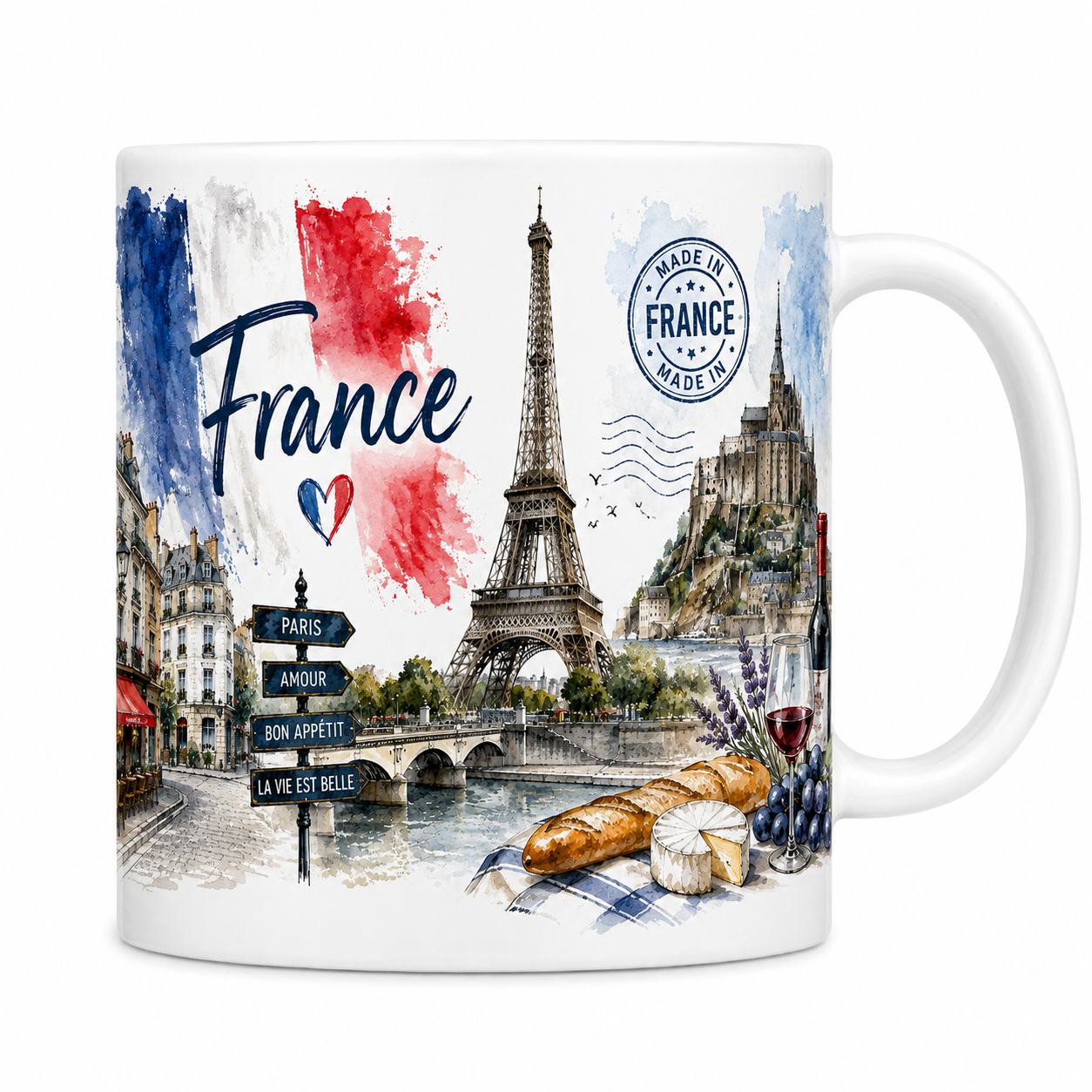 Mug France Carte Postale - Paris, Mont-Saint-Michel & Gastronomie