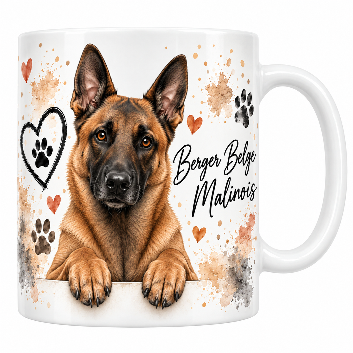 Mug blanc Berger Belge Malinois aquarelle : chien fauve charbonné accoudé à une bordure, empreintes de pattes et cœur au trait