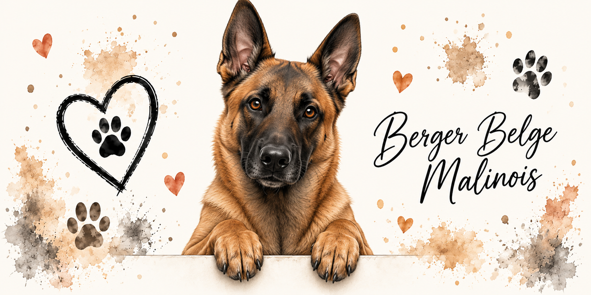 Illustration aquarelle Berger Belge Malinois : chien fauve au masque noir accoudé à une bordure sur fond crème, empreintes de pattes, cœur tracé au trait et éclaboussures