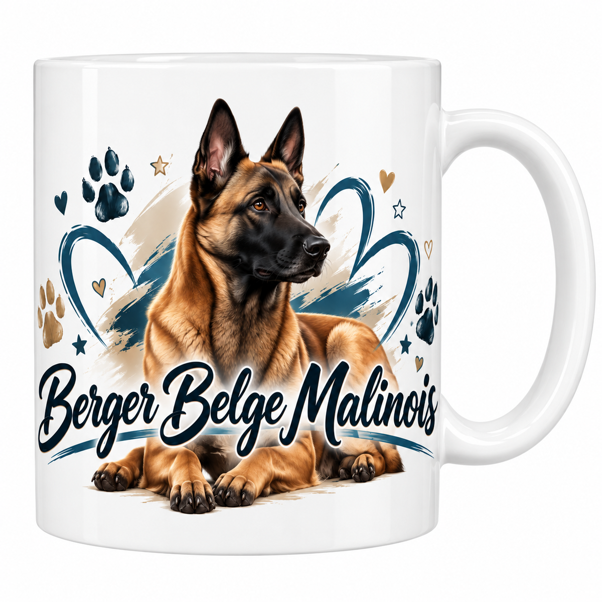 Mug blanc Berger Belge Malinois : chien fauve charbonné au masque noir, empreintes de pattes et lettrage bleu marine