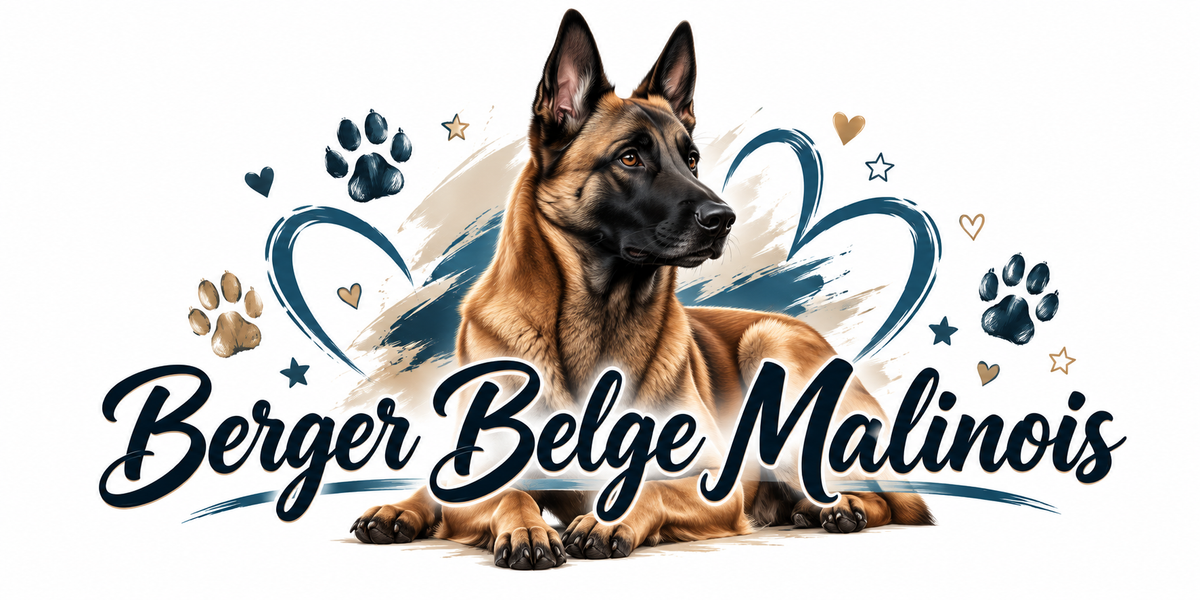 Illustration Berger Belge Malinois : chien fauve charbonné couché de face, masque noir, oreilles dressées, empreintes de pattes dorées et bleues, volutes et lettrage bleu marine