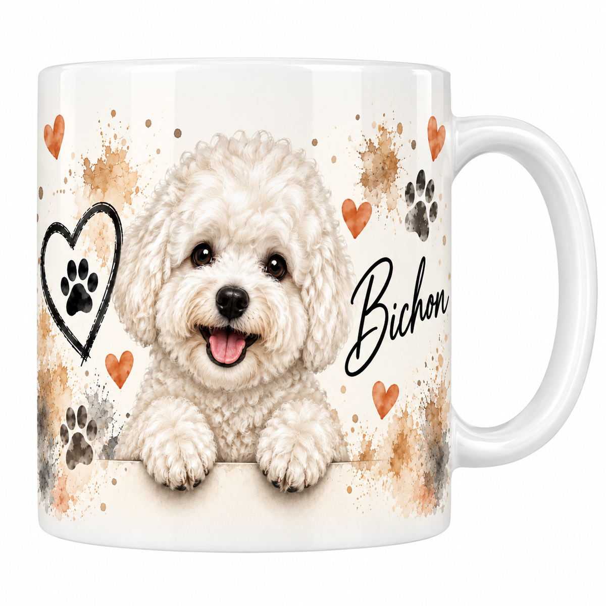 Mug blanc Bichon aquarelle : bichon frisé accoudé à une bordure, empreintes de pattes beiges et cœur au trait