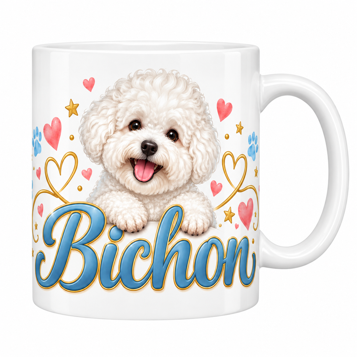 Mug blanc Bichon : bichon frisé blanc souriant, cœurs roses, empreintes de pattes et lettrage bleu