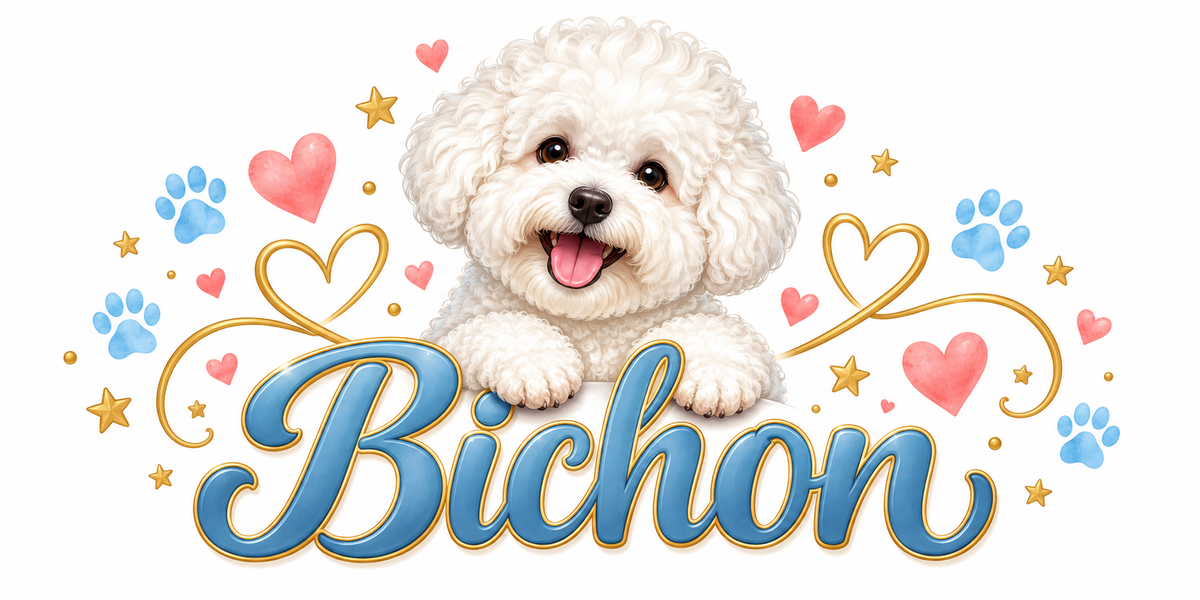 Illustration Bichon : bichon frisé blanc au poil bouclé, cœurs roses, empreintes de pattes bleues et roses, étoiles et volutes dorées, lettrage Bichon en bleu clair