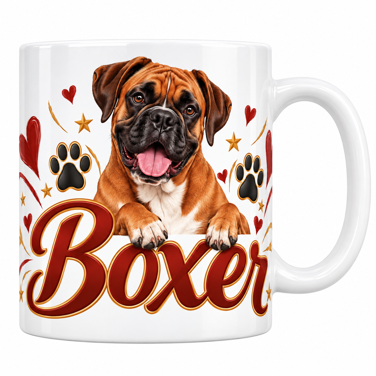 Mug blanc Boxer : boxer fauve au masque noir, cœurs rouges, empreintes de pattes et lettrage brun