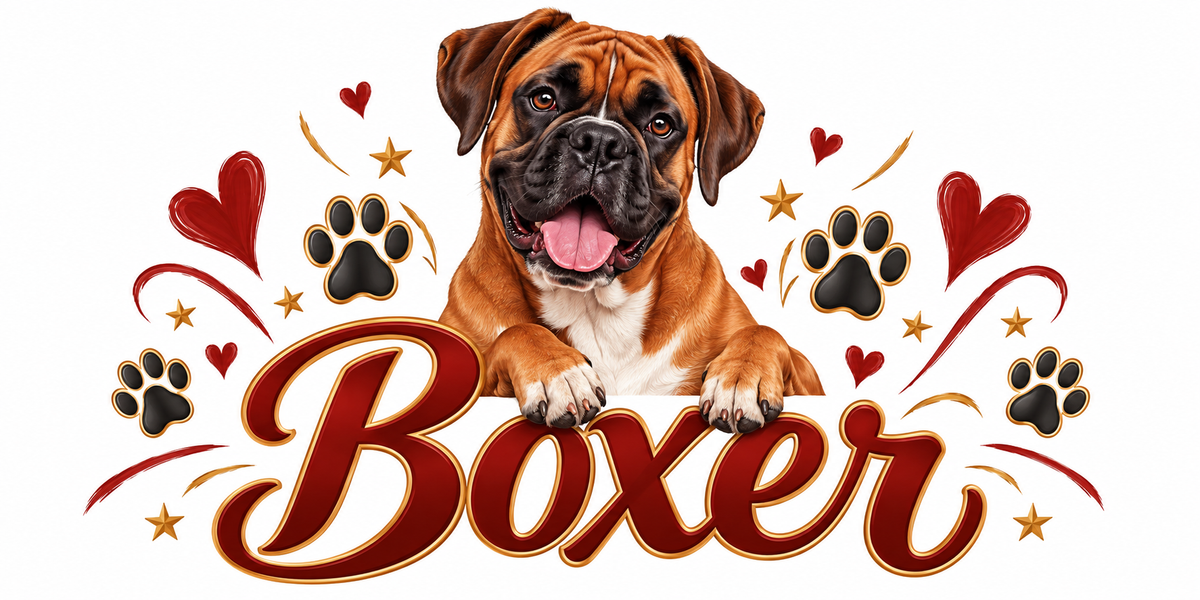Illustration Boxer : boxer fauve au masque noir, langue sortie, cœurs rouges, empreintes de pattes noires, volutes rouges et lettrage Boxer en brun cursif
