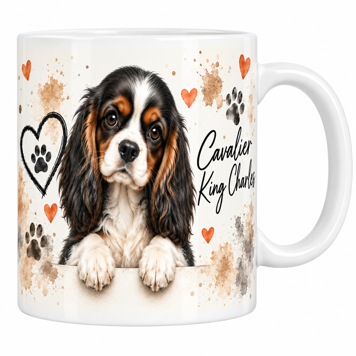 Mug blanc Cavalier King Charles aquarelle : chien tricolore accoudé à une bordure, empreintes de pattes et cœur au trait