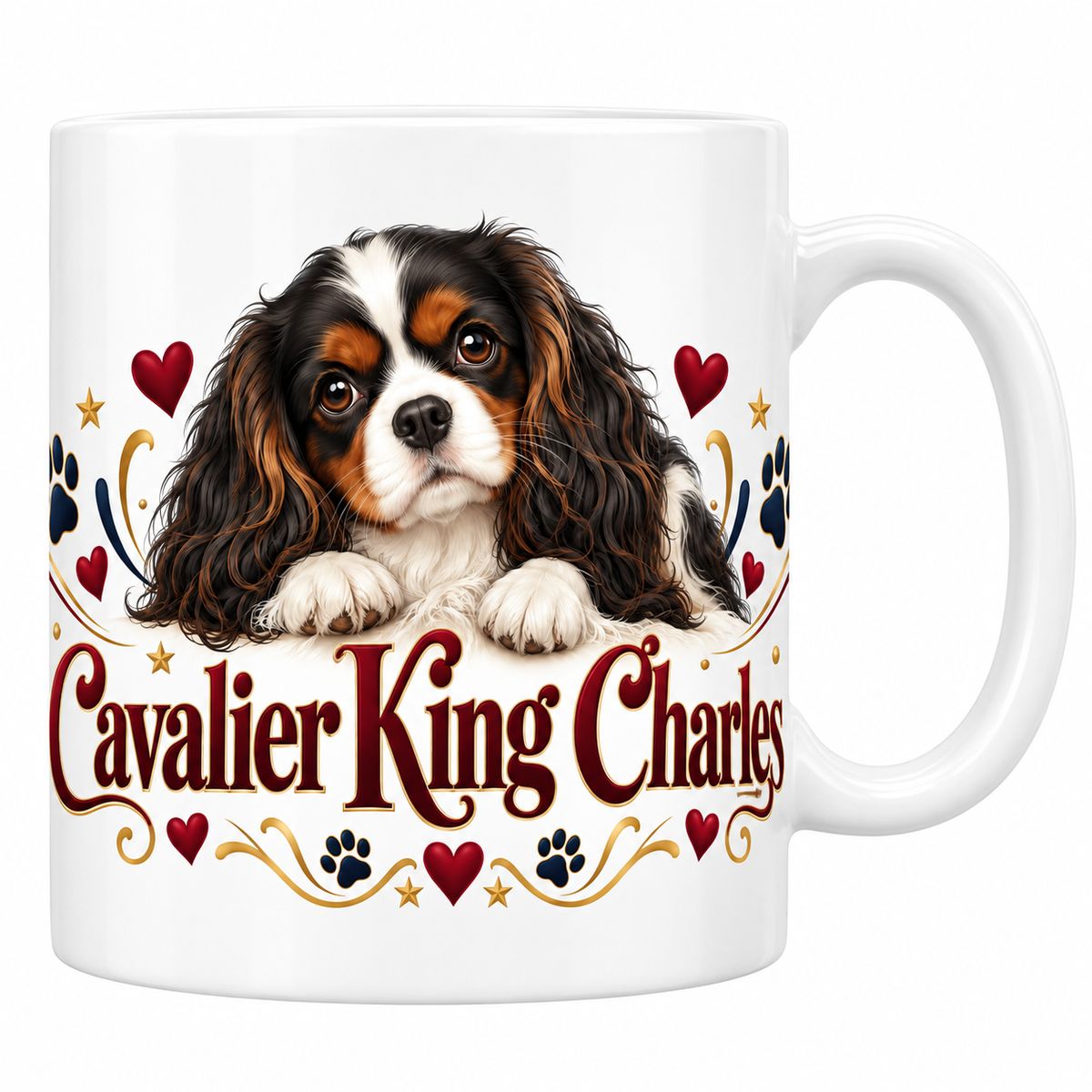 Mug blanc Cavalier King Charles : chien tricolore aux longues oreilles, cœurs rouges et lettrage bordeaux