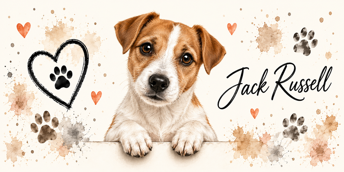 Illustration aquarelle Jack Russell : chien blanc et fauve accoudé à une bordure sur fond crème, empreintes de pattes beiges, cœur tracé au trait et éclaboussures