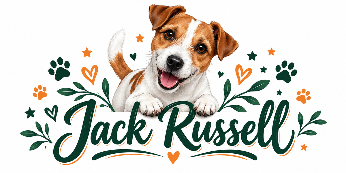 Illustration Jack Russell : chien blanc et fauve aux oreilles tombantes, cœurs verts et orange, empreintes de pattes, feuillage et lettrage Jack Russell en vert foncé