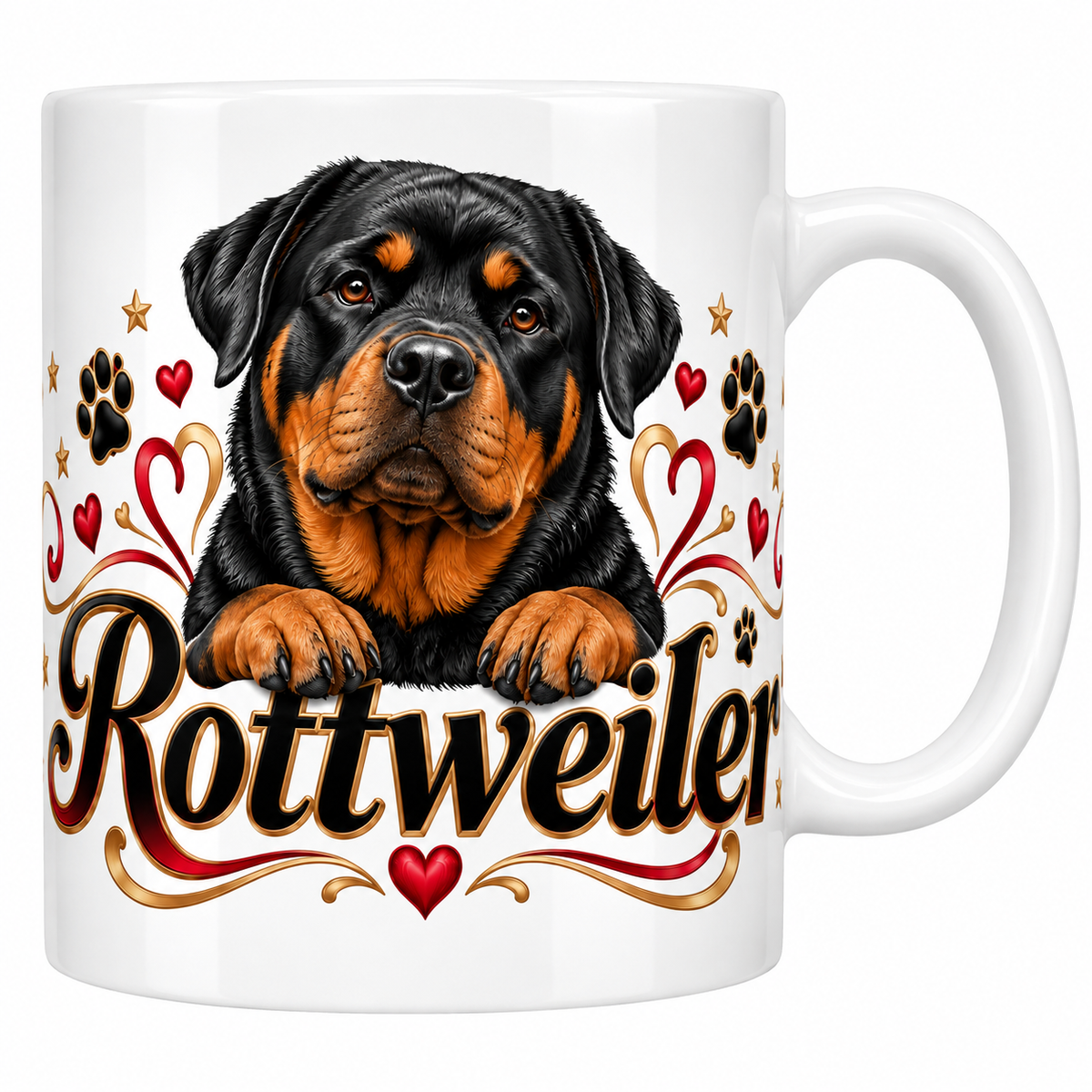 Mug blanc Rottweiler : chien noir et feu, cœurs rouges, empreintes de pattes et lettrage noir et doré