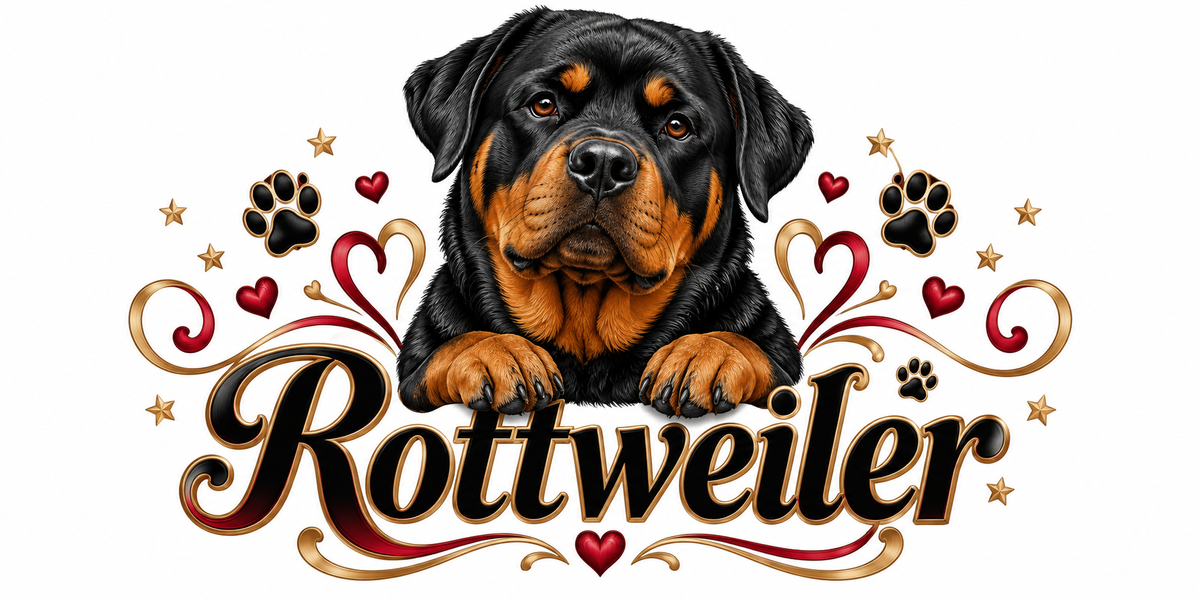 Illustration Rottweiler : chien noir et feu, cœurs rouges, empreintes de pattes noires et rouges, volutes dorées et lettrage Rottweiler