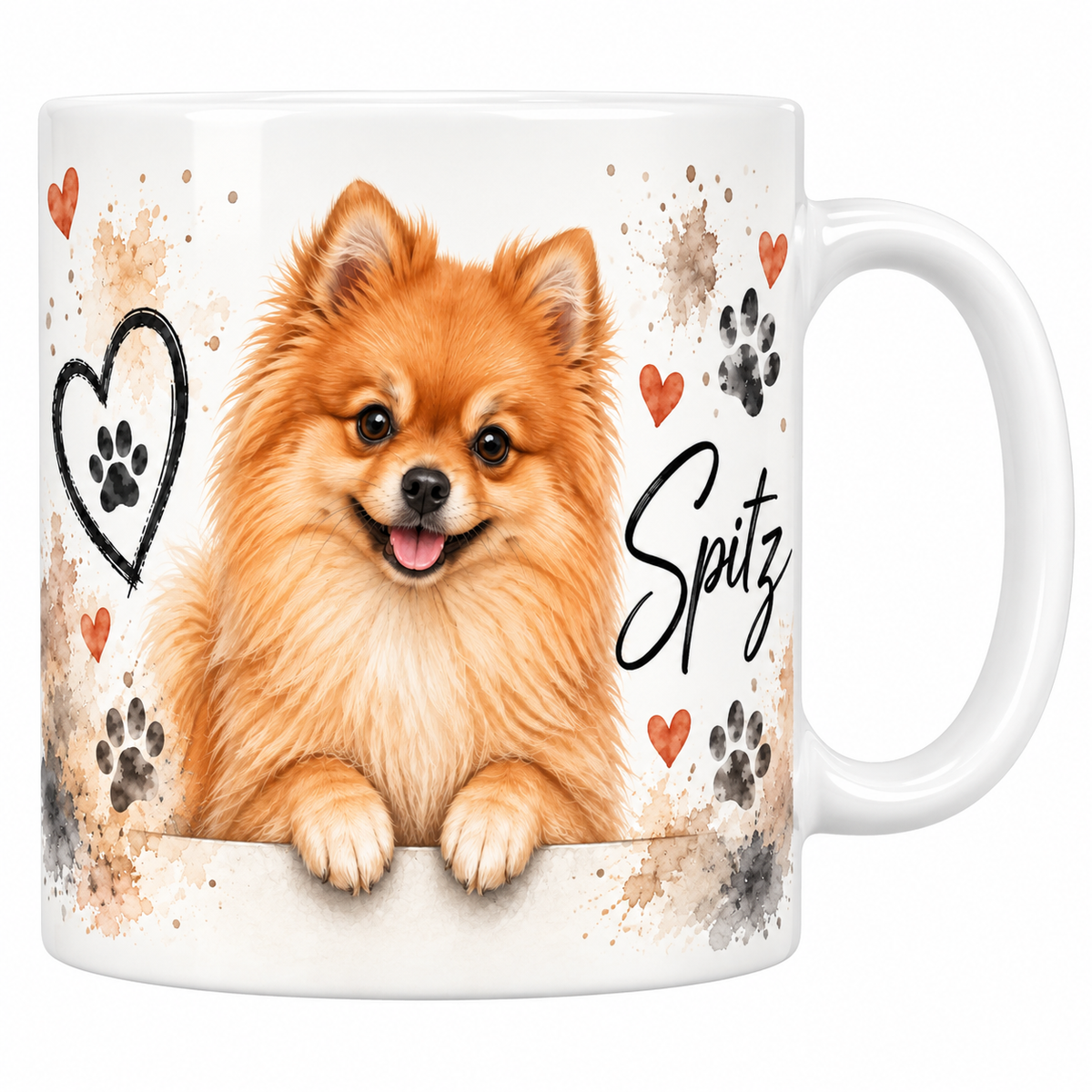 Mug blanc Spitz aquarelle : spitz roux accoudé à une bordure, empreintes de pattes beiges et cœur au trait
