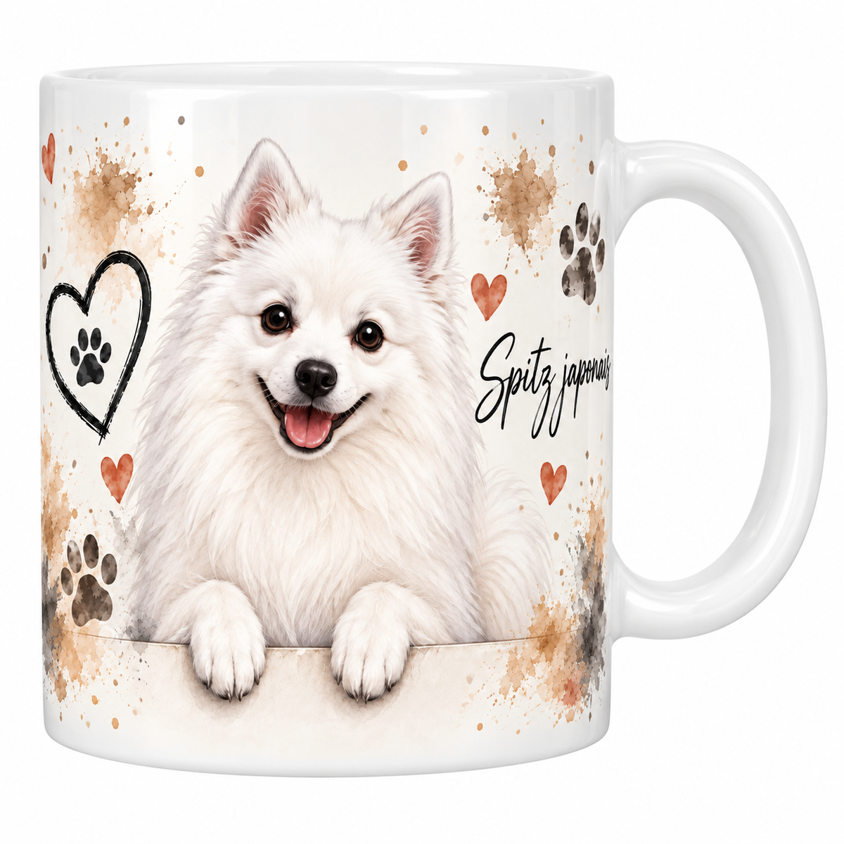 Mug blanc Spitz japonais aquarelle : chien blanc accoudé à une bordure, empreintes de pattes beiges et cœur au trait