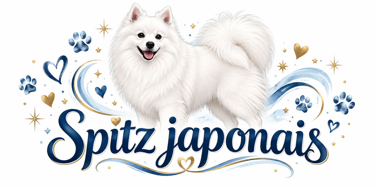 Illustration Spitz japonais : chien blanc au poil abondant et à la queue en panache, cœurs bleus, empreintes de pattes, étoiles et volutes bleues, lettrage Spitz japonais en bleu marine