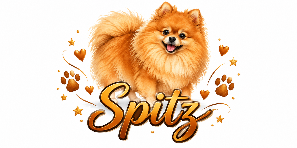 Illustration Spitz : spitz roux au poil abondant et à la queue en panache, cœurs et empreintes de pattes dorées et orange, lettrage Spitz en orange cursif