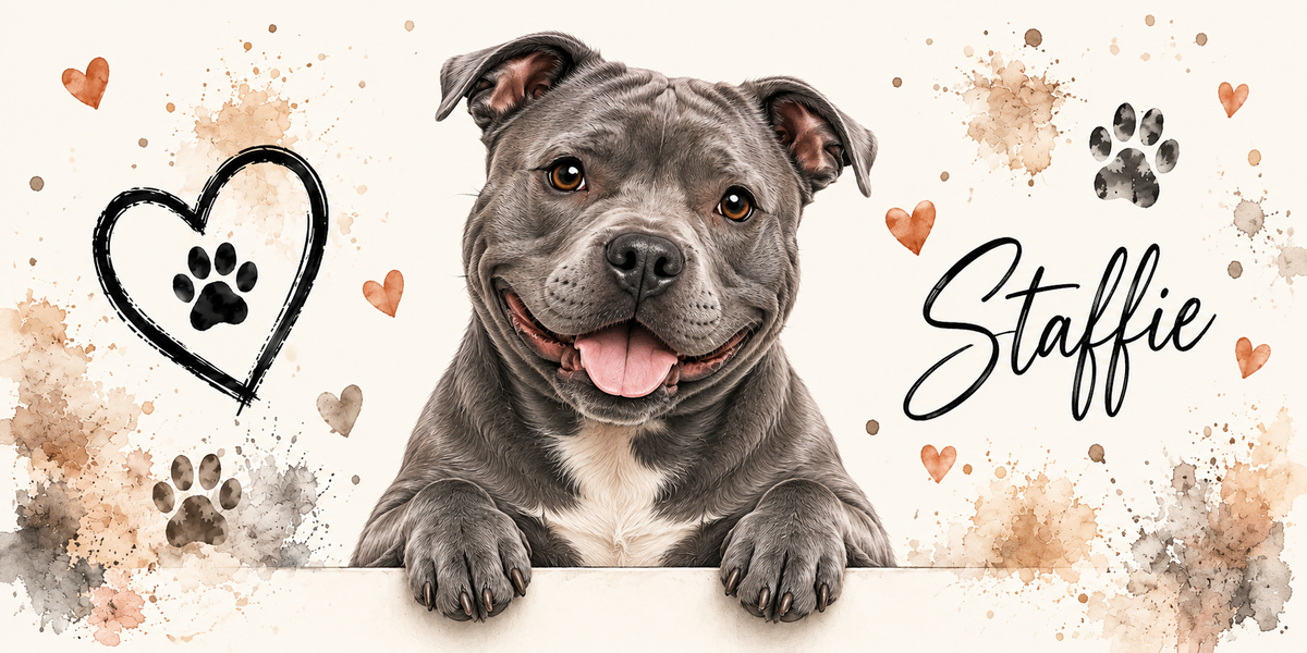 Illustration aquarelle Staffie : staffordshire bull terrier bleu accoudé à une bordure sur fond crème, empreintes de pattes beiges, cœur tracé au trait et éclaboussures