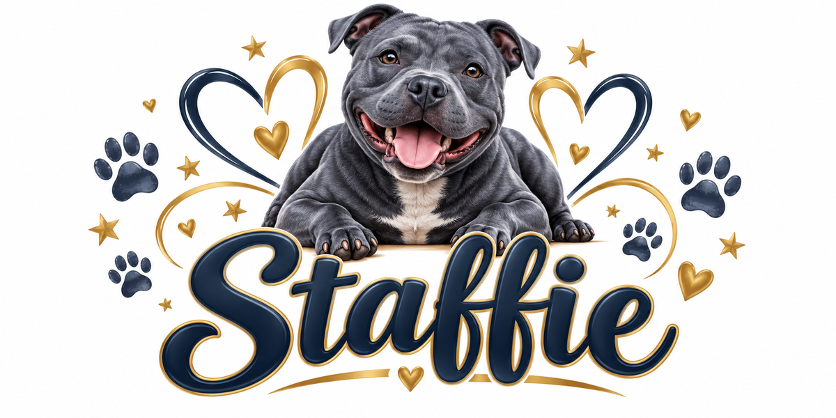 Illustration Staffie : staffordshire bull terrier à la robe bleue, gueule ouverte, cœurs dorés, empreintes de pattes bleues et lettrage Staffie en bleu marine