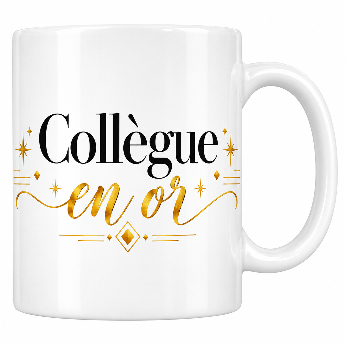 Mug blanc Collègue en or en calligraphie dorée et noire avec volutes et étoiles