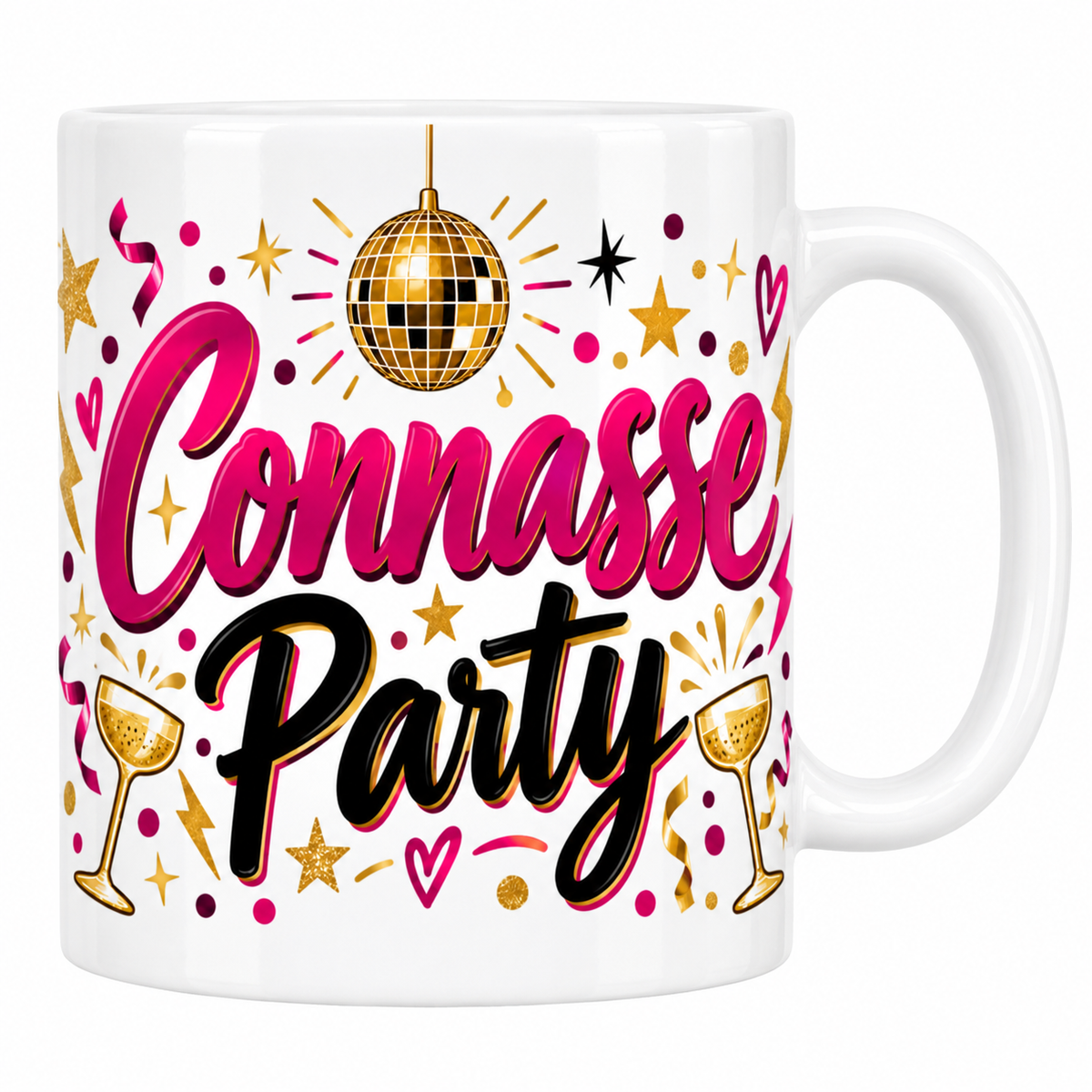 Mug blanc Connasse Party en lettrage rose et noir avec boule à facettes dorée et coupes de champagne